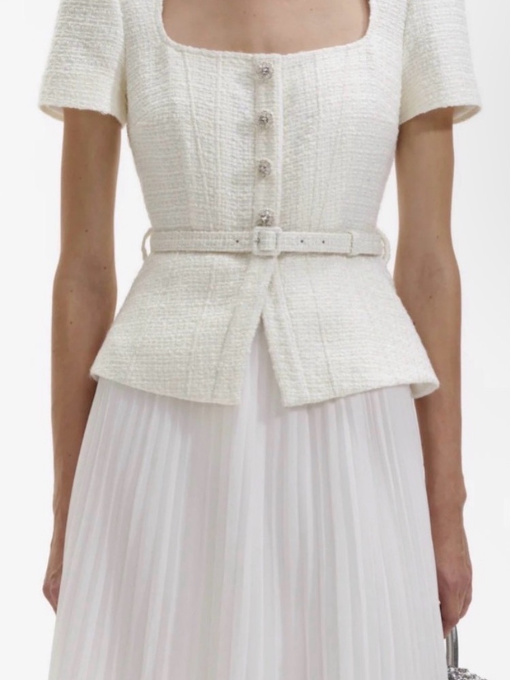 Self-Portrait Ivory Tweed Jewel-Button Square Neck Top